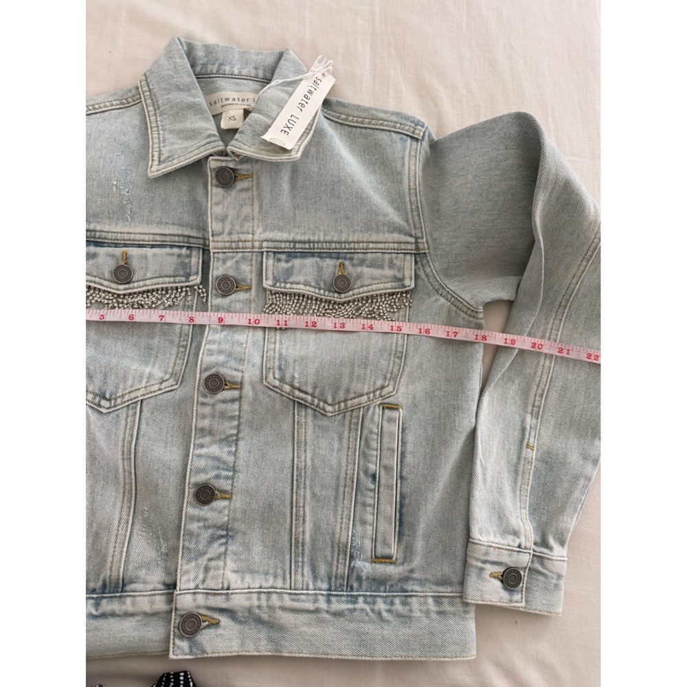 Saltwater Luxe XS Oversized Rhinestone Fringe Denim Jacket Western Festival NWT - Picture 6 of 8
